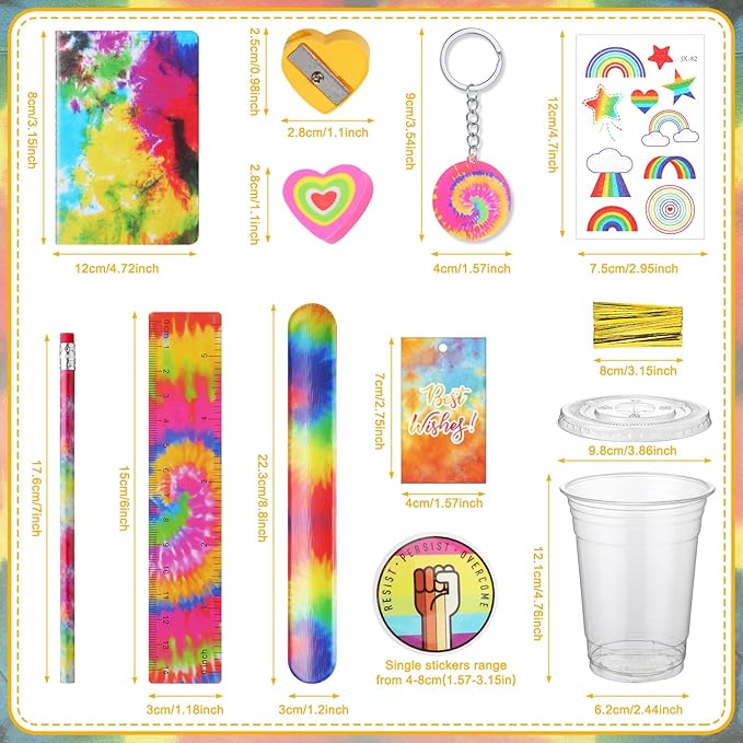 Noveread 251 Pcs Party Favors Set Includes Drink Gift Cup Mini Notebooks Pencils Heart Eraser Pencil Sharpener Slap Bracelets Ruler Tattoo Stickers Cards Keychain School Stationery Set (Tie Dye)