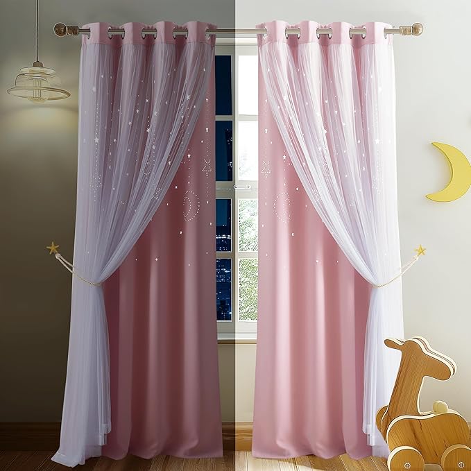 NICETOWN Pink Curtains for Girls Bedroom/Kids Room, Moon and Star Hollow Out Blackout Curtains for Nursery, Double-Layer Grommet Window Drapes for Christmas Decor, 52" W by 84" L, Set of 2