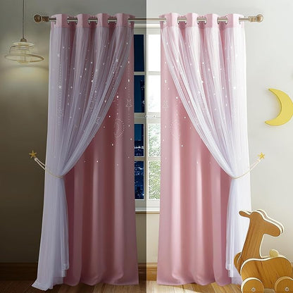 NICETOWN Pink Curtains for Girls Bedroom/Kids Room, Moon and Star Hollow Out Blackout Curtains for Nursery, Double-Layer Grommet Window Drapes for Christmas Decor, 52" W by 84" L, Set of 2
