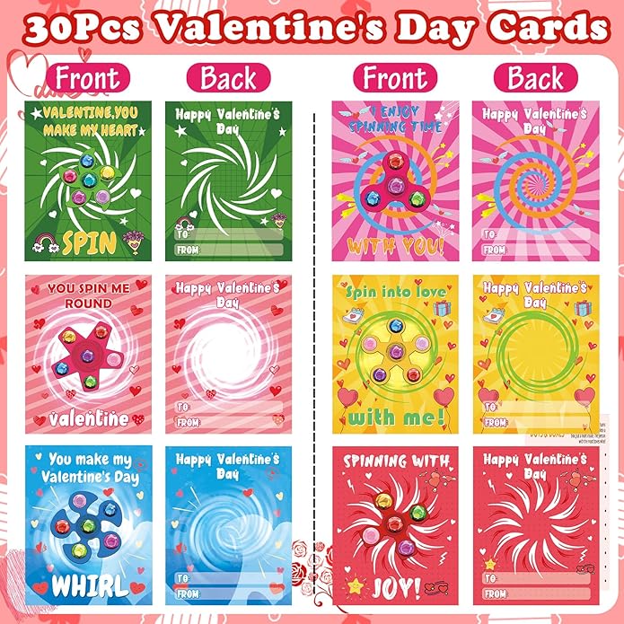 INST Valentines Day Gifts for Kids 30 Packs Valentines Day Cards with Light Up Fidget Spinner Bracelets for Kids Valentines Gift Exchange for Class Classroom Prizes Party Favors Supplies