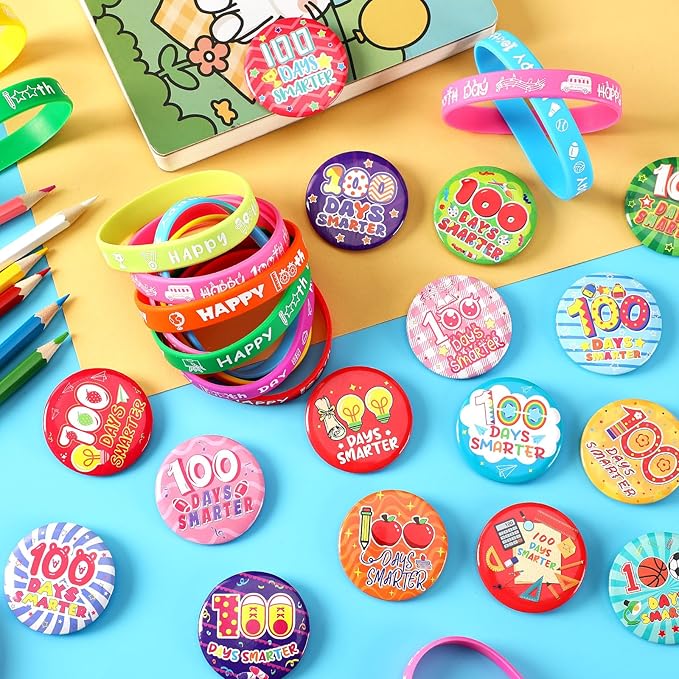 64PCS 100 Days of School Party Favors 32pcs 100 Days Smarter Button Badges Pins and 32pcs Silicone Bracelets for Happy 100th Day of School Activities Party Decorations Goodie Bag Fillers