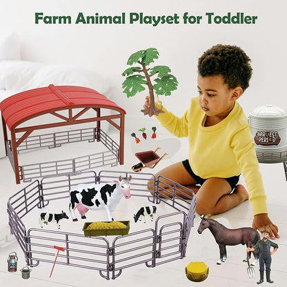 Farm Animals Toys Set Barn Toy Combine Harvester Tractor with Trailer Horse Stable Grain Bins Horse Cow Farmer Figures Fence Playset for Kids Toddlers Boy Girl 3-7 Years Old