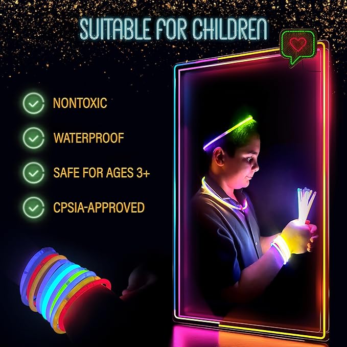 500 Pcs Glow Sticks Bulk Party Pack – 8” Neon Glow-in-the-Dark Bracelets & Necklaces for Kids & Adults - Party Supplies & Decorations for Halloween, Christmas, Birthdays - 500 Connectors Included