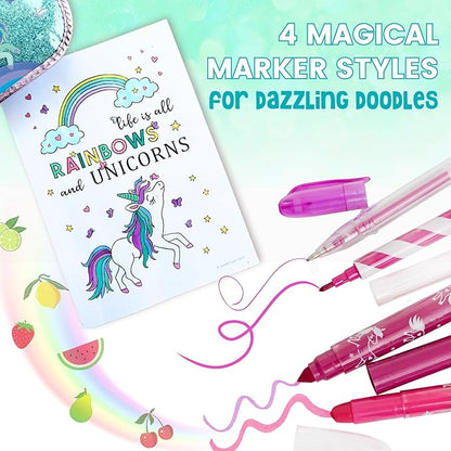 Amitié Lane Silly Scented Markers For Kids. Arts & Crafts Unicorn Gifts for Girls 6-8. Fun Kids Toys For Girls that includes Unicorn Markers, Crayons, Stickers and Carrying Case.