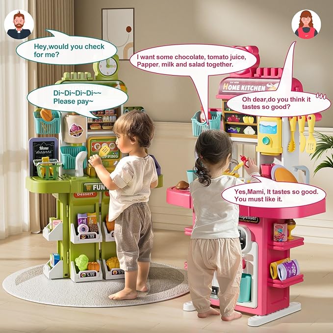 Toy Kitchen Sets for Toddlers 3-8 Kids Playset with Pretend Play Accessories Children's Kitchen Set for Boys and Girls Toddler Kitchen Toy Set for Imaginative Cooking Fun (Kitchen Pink)