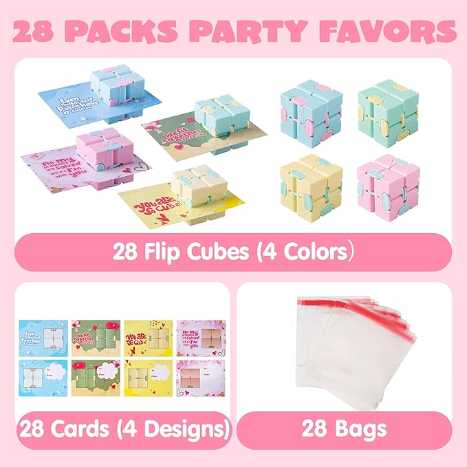 JOYIN 28 Packs Valentine’s Day Gift Cards with Infinity Magic Toys, Colorful Hand-Held Flip Toys, Stress Relief Fidget Toys for Kids Valentine Party Favors, Classroom Exchange and Goodie Bag Stuffers