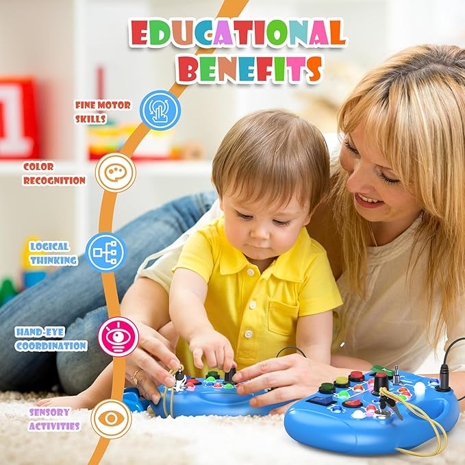 Busy Board with LED Light, Montessori Busy Board for 1+ Year Old, Sensory Toys with Sound and Switches, Fidget Board for Kids Electronic Early Development Toys Boys Birthday (Blue)