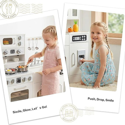 Wooden Play Kitchen for Toddlers and Kids with Lights & Sounds, Large Interactive Pretend Play Set with Ice Maker, Stove, Sink, Oven, 12 Accessories - Ages 3-8
