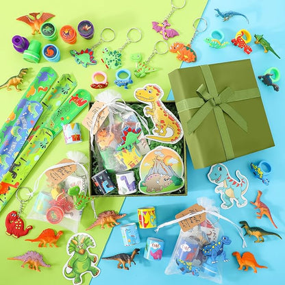 Hungdao 178 Pcs Dinosaur Birthday Party Favors for 16 Kids with Dinosaur Keychain Sticker Stamp Ring Slap Bracelet Tattoo Sticker Gift Bag Tag for Dinosaur Boys and Girls Party Carnival Gift Fillers