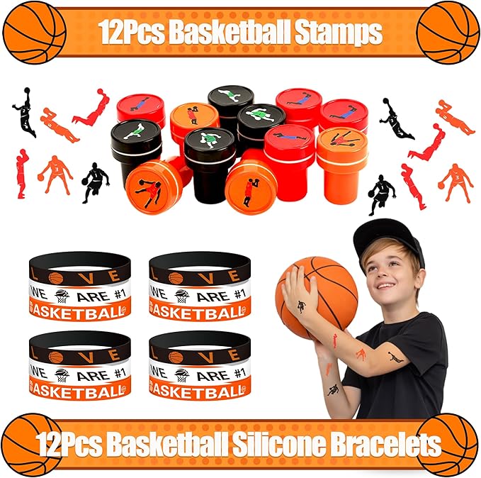 Basketball Party Favors Birthday Supplies 60pcs Buck Silicone Bracelets Punch Balloons Basketball Stress Ball Stamp Scratch Art Set For Kids Pinata Stuffer Boys Girls