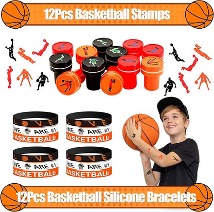 Basketball Party Favors Birthday Supplies 60pcs Buck Silicone Bracelets Punch Balloons Basketball Stress Ball Stamp Scratch Art Set For Kids Pinata Stuffer Boys Girls