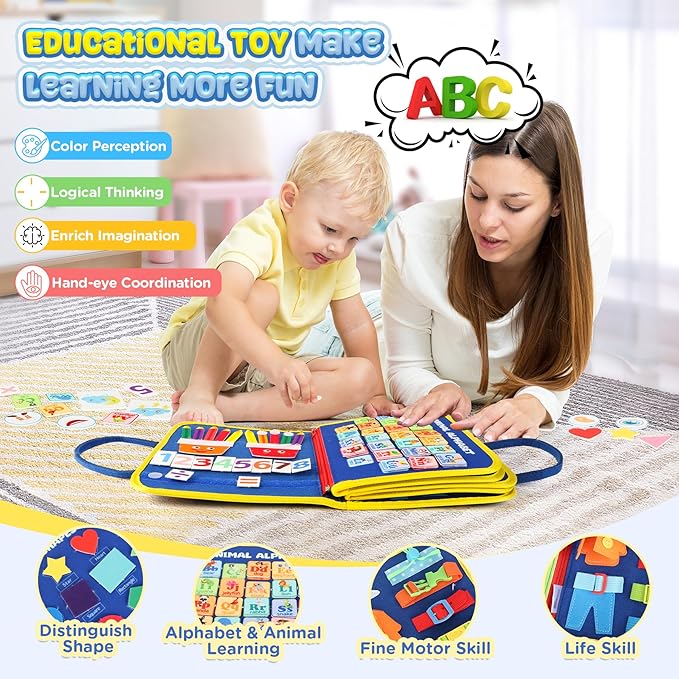 URMYWO Busy Board - Montessori Toys for 1 2 3 4 Year Old, Busy Book Toddler Activities with Fine Motor Skills, Autism Sensory Toys Gifts for Boys Girls, Travel Toys for Road Trip Plane Car