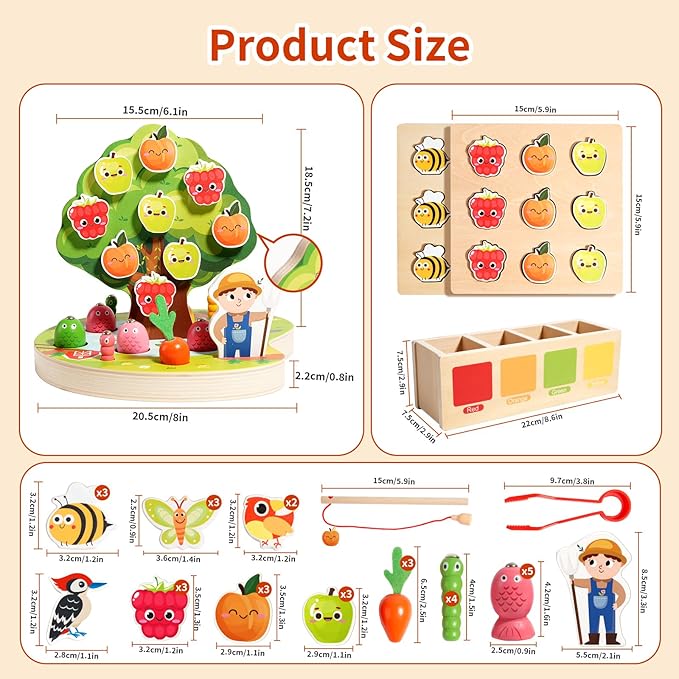 INIFEIDALA Montessori Wooden Preschool Educational Toy Ages 3-5 - Apple Picking Magnetic Fruit Tree, Shape Color Sorter, Carrot Harvest & Fishing Game - Fine Motor Skills Development