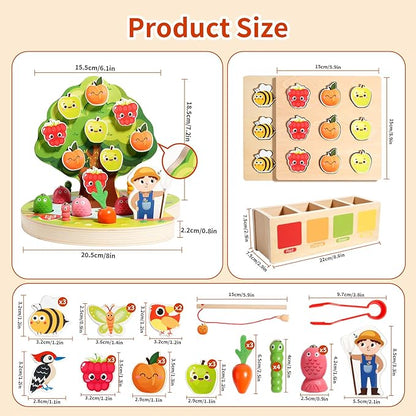 INIFEIDALA Montessori Wooden Preschool Educational Toy Ages 3-5 - Apple Picking Magnetic Fruit Tree, Shape Color Sorter, Carrot Harvest & Fishing Game - Fine Motor Skills Development