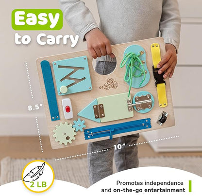 Montessori Busy Board for Toddlers, Wooden Sensory Toddler Busy Board with 10 Preschool Learning Activities for Fine Motor Skills, Activity Kids Travel Toy for Boys & Girls, Packaging May Vary