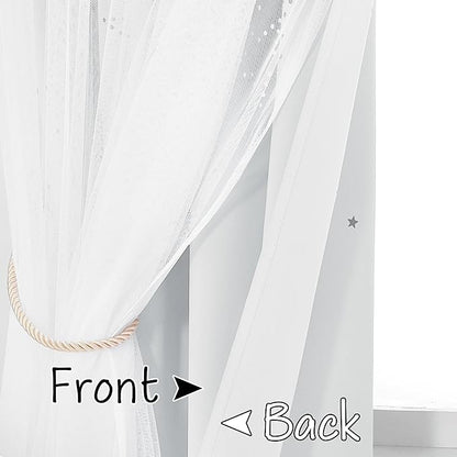 NICETOWN Double Layer Room Darkening Curtains 95 Inch Length 1 Pair for Girls Nursery Bedroom Grommet Blackout Curtains with Sheer Overlay, 52" W x 95" L, Greyish White