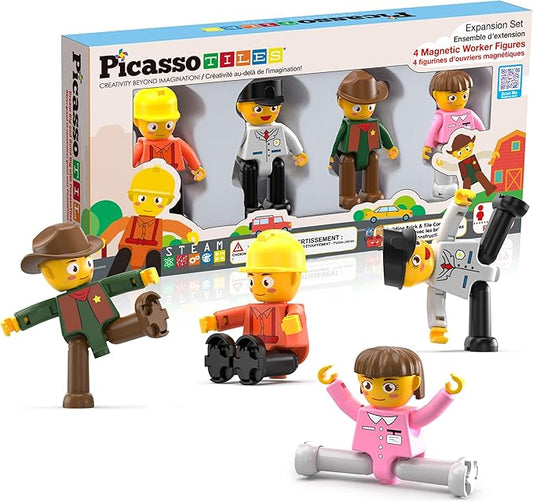 PicassoTiles Profession Character Action Figures Toddler Toy Set Pretend Play Magnet Expansion Pack Add-on STEM Construction Building Block Tile PTA02