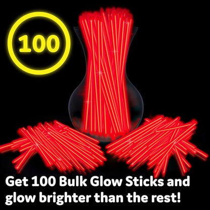 PartySticks Red Glow Sticks Party Supplies 100pk - 8 Inch Glow in The Dark Light Up Sticks Party Favors, Glow Party Decorations, Neon Party Glow Necklaces and Glow Bracelets with Connectors