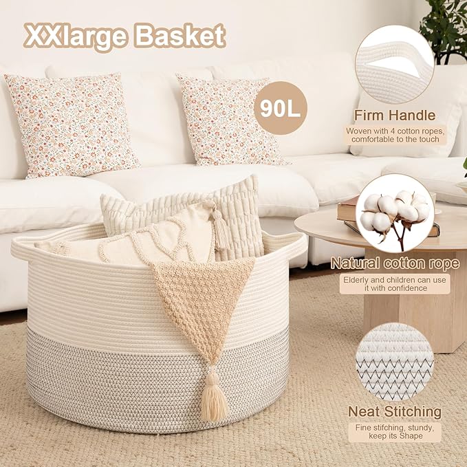 OIAHOMY 90L XXXLarge Blanket Basket for Living Room, 21.7" x 13.8" Woven Cotton Rope Laundry Basket for Organizing Pillows, Decorative Stuffed Animal Toy Storage Bin for Nursery, Black and White