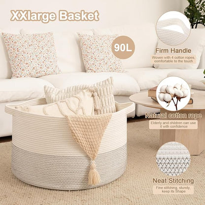 OIAHOMY 90L XXXLarge Blanket Basket for Living Room, 21.7" x 13.8" Woven Cotton Rope Laundry Basket for Organizing Pillows, Decorative Stuffed Animal Toy Storage Bin for Nursery, Black and White
