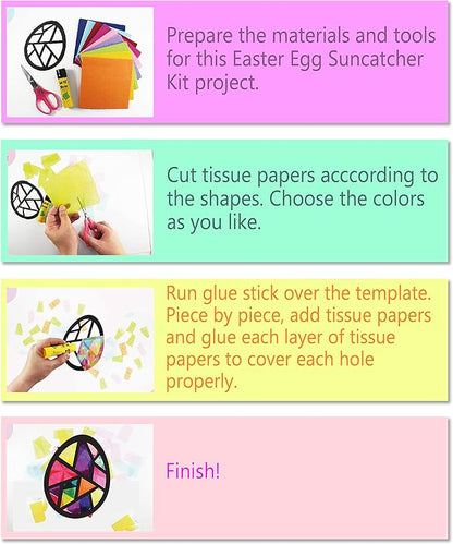 VHALE Suncatchers Craft 3 Sets (9 Cutouts) w Tissue Papers Stained Glass Effect Paper Sun Catcher Kit, Window Art, Classroom Crafts, Creative Art Projects, Kids Party Favors (Easter Egg)