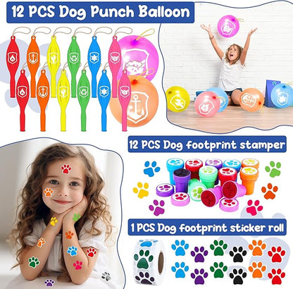 75PCS Dog Paw Party Favors Dog Paw Print Party Supplies Puppy Patrol Theme Pack Include Slap Bracelets、Paw Print Bubble Wands、Paw Stampers 、Punch Balloons、DIY Acrylic Keychain、Sticker、Goodie Bags