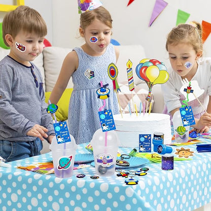 LiYiQ 161 Pcs Space Party Favors with Cup Straws Stress Ball Space Pins Slap Bracelets Keychains Stamps Stickers Twist Ties and Gift Card for Kids Space Birthday Party Supplies (style 1)