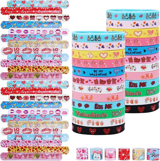 48Pcs Valentines Day Party Favors Slap Bracelets Rubber Wristbands ，School Class Classroom Exchange Prizes Gifts