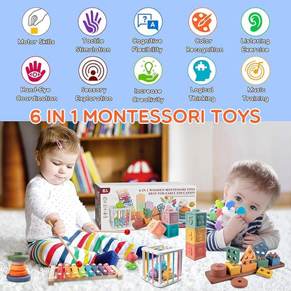 Montessori Baby Toys for 1+ Year Old - Sorting Stacking Learning Toys 6 to 12 Months, Wooden Building Blocks, Xylophone Musical, Infant Teethers Toys for Babies, 6 in 1 Toy Gifts for Toddlers
