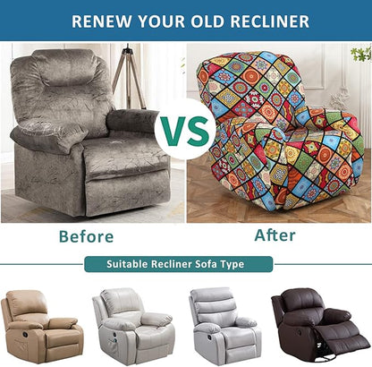 NILUOH Recliner Chair Covers 4-Pieces Stretch Lazy Boy Recliner Covers with Pocket Floral Pattern Reclining Slipcovers Soft Sofa Slipcover Furniture Protector for Pets Kids (Recliner, Pattern 20)