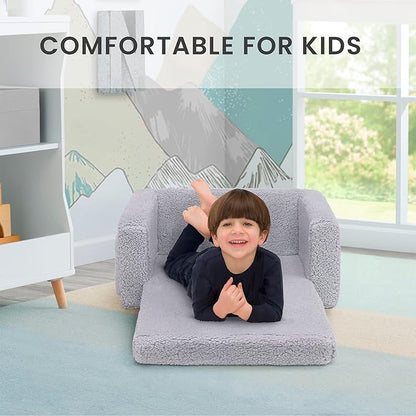 Delta Children Cozee Flip-Out Sherpa 2-in-1 Convertible Chair to Lounger for Kids, Grey