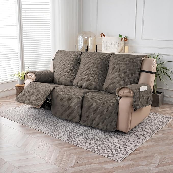 Easehomey Waterproof Recliner Sofa Cover,Non-Slip Reclining Sofa Covers for 3 Seat,Washable Reclining Sofa Cover Furniture Protector with Elastic Straps Pocket for Kids, Pets(Taupe,3Seat)