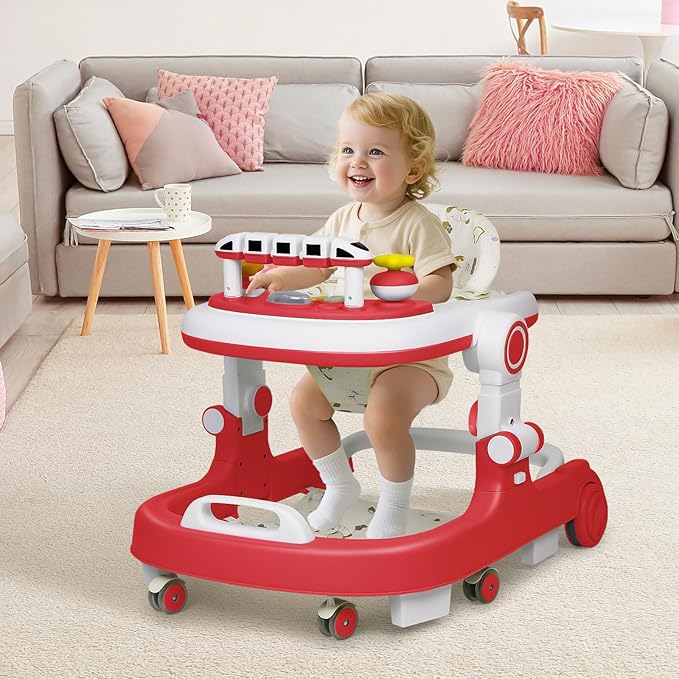 Baby Walker with Wheels, 4 in 1 Foldable Baby Walkers for Boys Girls 6-18 Months, 3 Level Height Adjustment with Bouncing, Feeding Tray & Music, Baby Walker with Activity Center, Toddler Push Walker