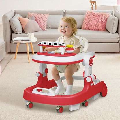 Baby Walker with Wheels, 4 in 1 Foldable Baby Walkers for Boys Girls 6-18 Months, 3 Level Height Adjustment with Bouncing, Feeding Tray & Music, Baby Walker with Activity Center, Toddler Push Walker