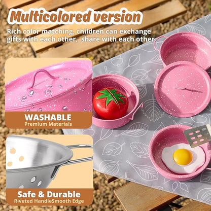 Kids Play Kitchen Toy Accessories Set Toddler Cooking Playset Colorful Stainless Steel Pots and Pans Birthday Gifts for 3+ Girls Boys (New Pink)