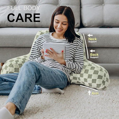 Aimuan Reading Pillow Checkered Bed Rest Wedge Backrest Checkerboard Pillow with Arms Back Support for Sitting Up in Bed Cushion Incline Rest Sleeping Snoring Pillow, Light Green