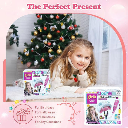 Kids Nail Polish Set for Girls Ages 5-12 Years Old, All-in-One Nail Art Kit with Nail Dryer/Glitter Pen/Nail Polish/Glitter Powder/Toe Separator/File, Toys Gifts for Girl 5 6 7 8 9 10 11 12