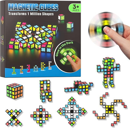 Magnetic Fidget Spinner Mini-38 Blocks, Glow Magnet Cube & Transformable Fidget Spinner & Infinity Cube & 3x3x3 Cube-4 in 1 Toy, STEM Building Tiles Stress Relief Sensory Gift for Kid Boy Girl Adult