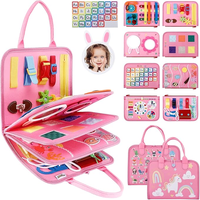 JHkim Busy Board for Toddlers, Sensory Board Travel Toys Gifts for 1 2 3 4 Year Old Girls Boys, Montessori Toys to Learn Fine Motor Skills, Educational Activities Busy Book for Airplane Car (Pink)