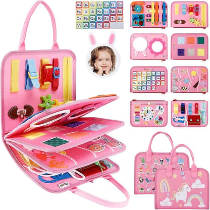 JHkim Busy Board for Toddlers, Sensory Board Travel Toys Gifts for 1 2 3 4 Year Old Girls Boys, Montessori Toys to Learn Fine Motor Skills, Educational Activities Busy Book for Airplane Car (Pink)