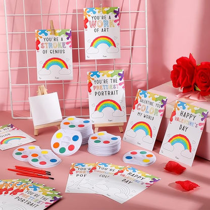 Sabary 24 Sets Valentines Day Gift for Kids, Valentines Gift Painting Cards Painting Canvas Panel with Wooden Easel Watercolor Paint Painting Brush Kit Packaging Bag for Class Gift Art Party