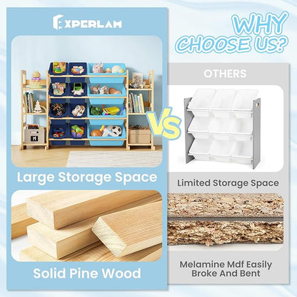 EXPERLAM Extra Large Toy Storage - Toy Storage Organizer, Wooden Toy Organizer with 6 Side Shelves and 12 Bins, 3-in-1 Bookshelf for Kids Rooms, Bedroom, Playroom, Nursery, Blue