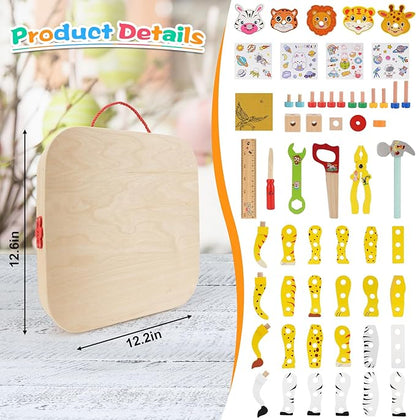 Wooden Animal Tool Box for Kids, Contains Stickers, Screws, Assembly Tools, Animal Building Blocks, Children's Montessori Building Block Assembly Toy, Ideal Gift for Boys and Girls 3，4，5，6
