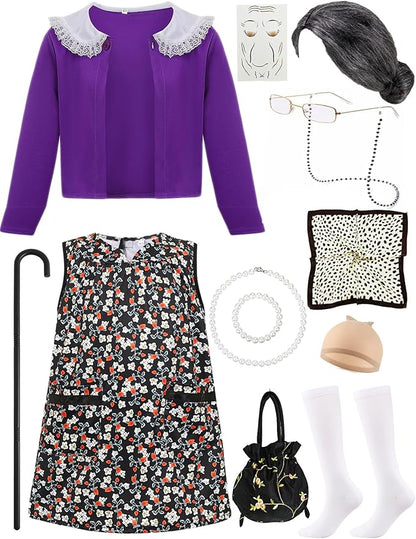 Kids Old Lady Costume for Girls 100 Day of School Costume Girls Grandma Costume Dress 100th Day of School Costume