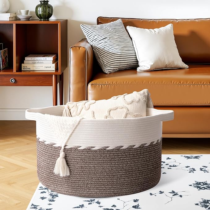OIAHOMY 105L Blanket Basket for Living Room, Large Basket 23.6" x 23.6" x 14.6" with Handle, Laundry Hamper for Blankets, Pillows, Toy Storage for Kids, Dogs - Brown & White