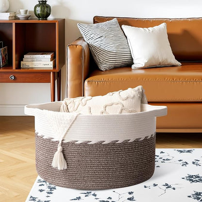 OIAHOMY 105L Blanket Basket for Living Room, Large Basket 23.6" x 23.6" x 14.6" with Handle, Laundry Hamper for Blankets, Pillows, Toy Storage for Kids, Dogs - Brown & White