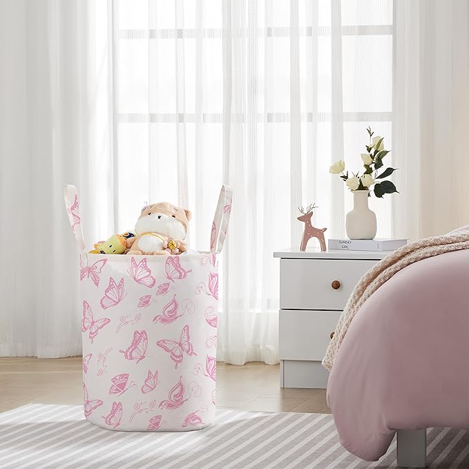 TECHMILLY Large Storage Basket for Girls and Boys, Collapsible Laundry Hamper with Long Handles, Toy Bins for Nursery, Kids Room Décor (Pink Butterfly)
