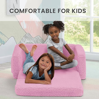 Delta Children Cozee Flip-Out Sherpa 2-in-1 Convertible Sofa to Lounger for Kids, Pink