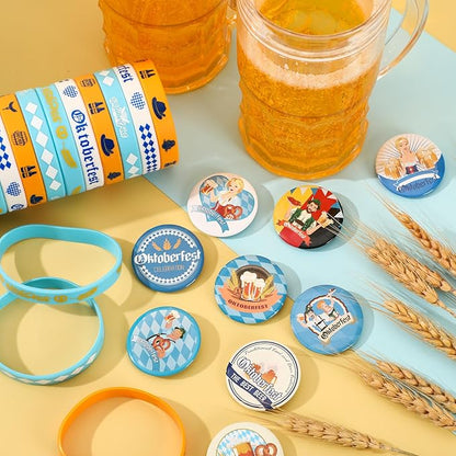 64PCS Oktoberfest Party Favors Set 32pcs Silicone Bracelets and 32pcs Button Badges Pins for Bavarian Beer Festival Oktoberfest Party Decorations Goodie Bag Fillers Supplies
