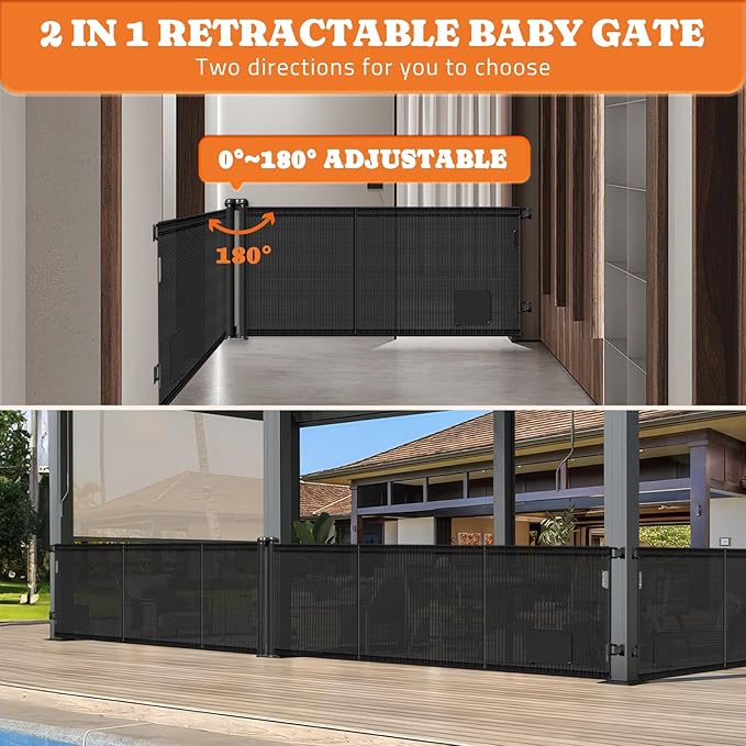 2-in-1 Retractable Baby Gates, 41" Tall Mesh Dog Gate with Cat Door 2-Pack, One Side Up to 71" Wide, Total 142" Wide, Long Retractable Pet Gate for Stairs Landing Indoor Outdoor-Black